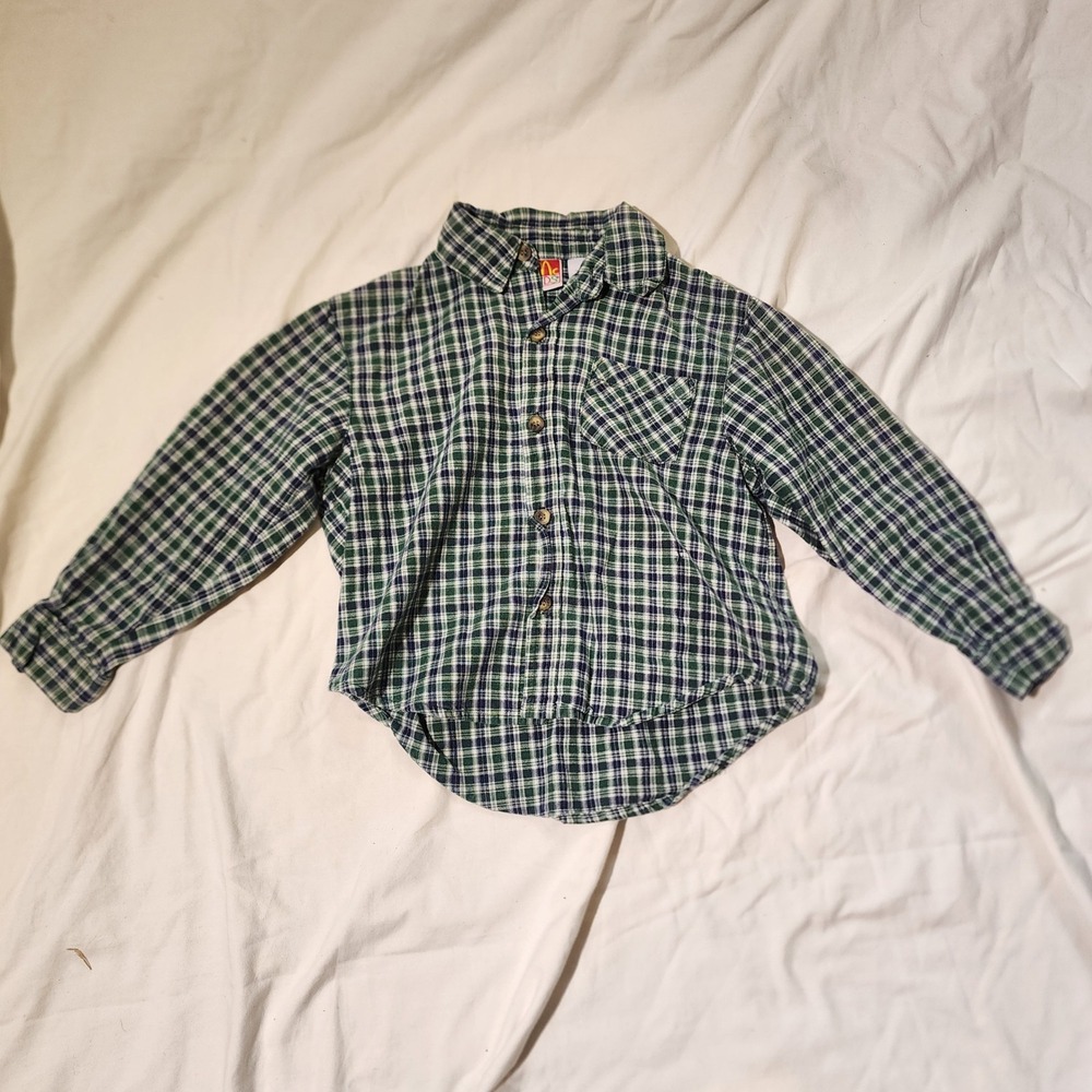 Vintage McDonalds Kids Plaid‎ Shirt Button Up Long Sleeve Green Blue Toddler 4T